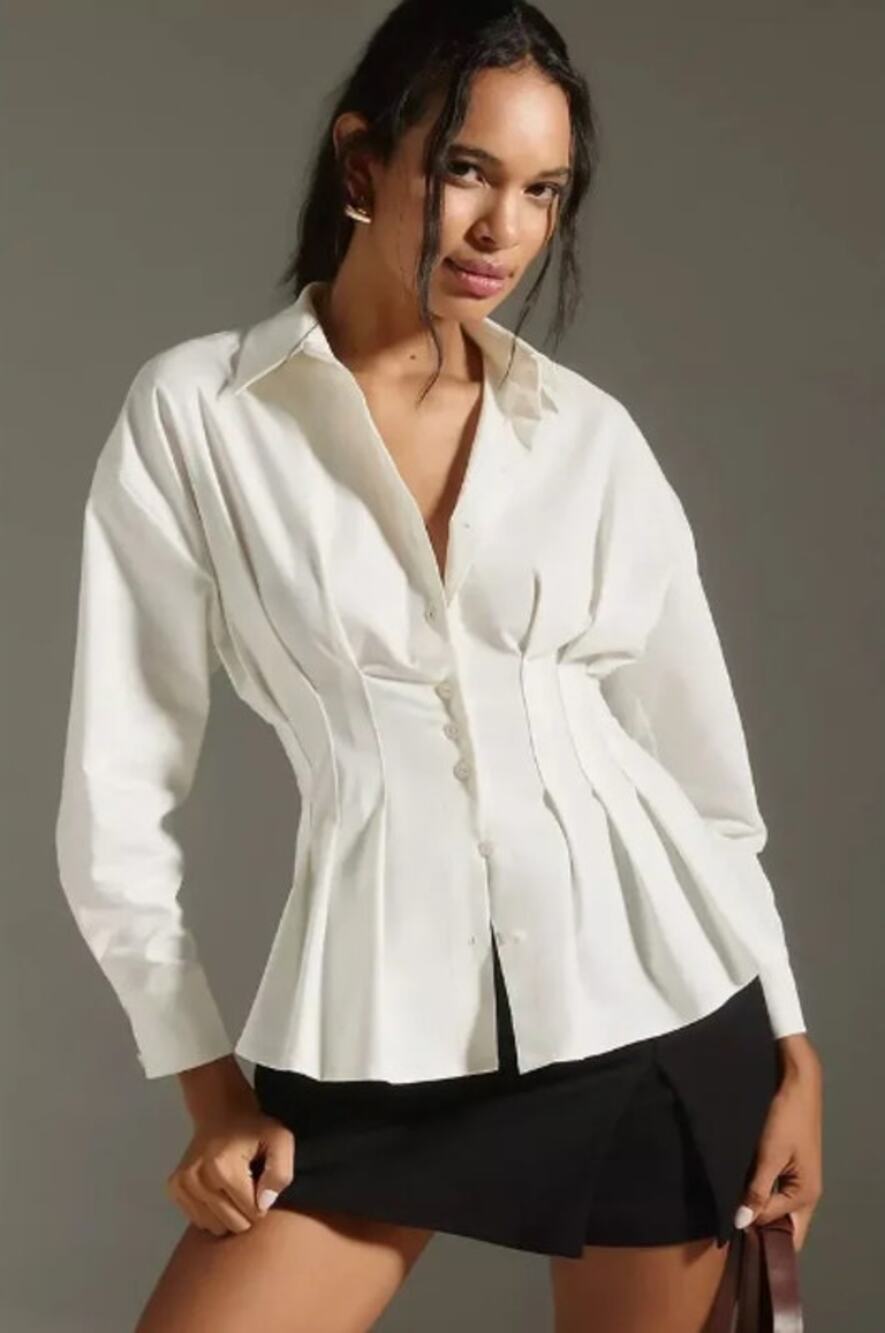 Anthropologie Exquise Tobie Fitted Waist Button Down White Shirt Sz S NWT